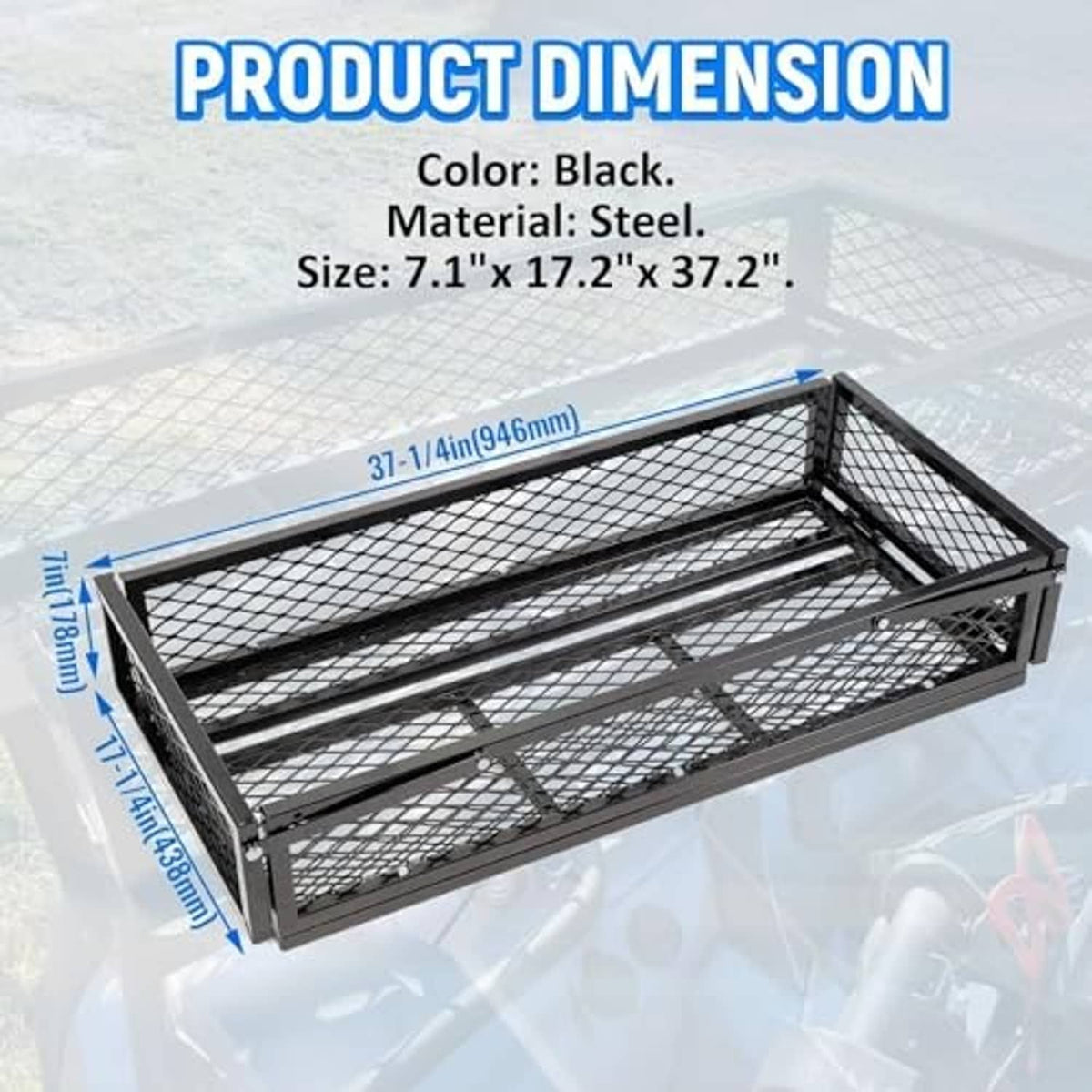 Black steel mesh cargo basket, open rectangular tray with grid sides and base