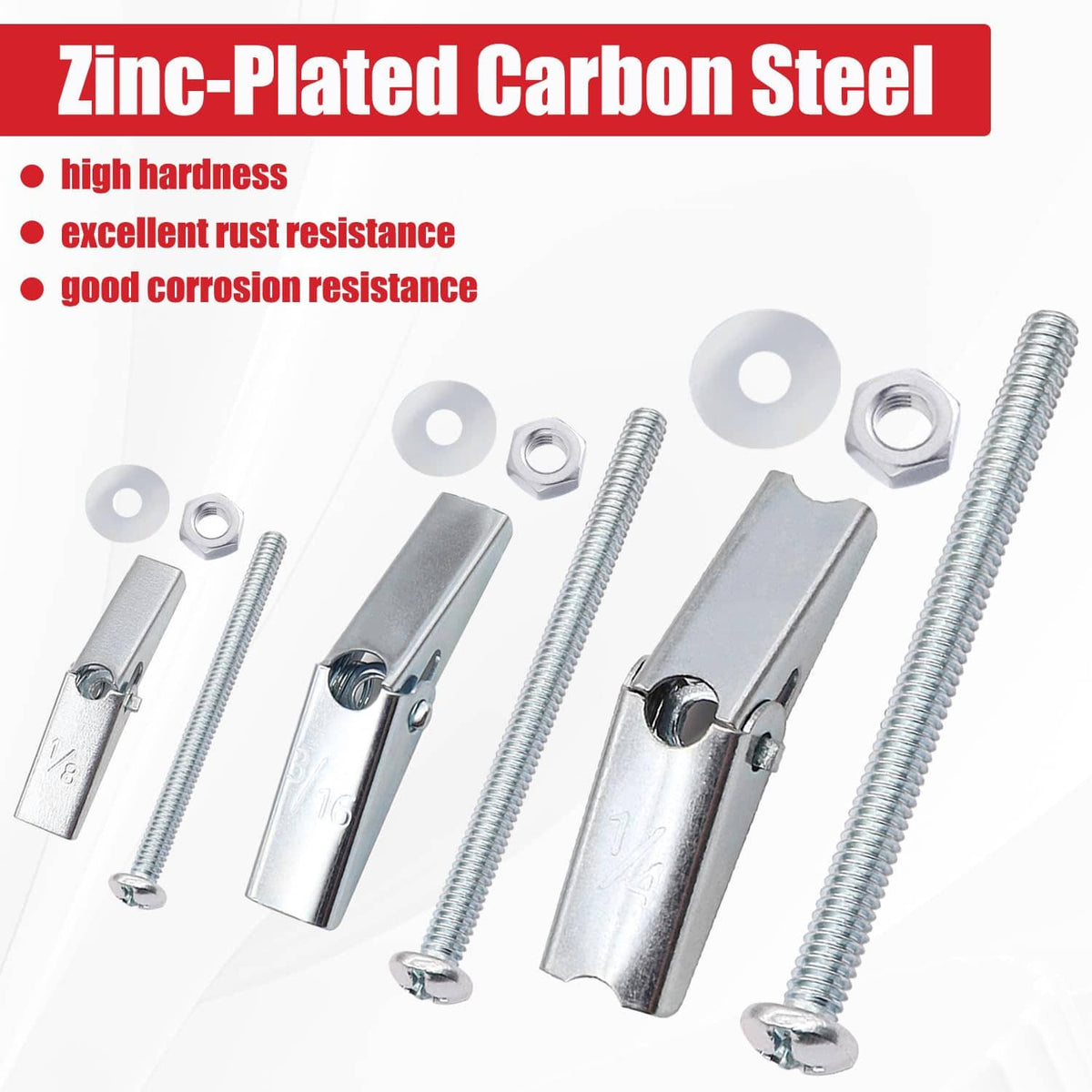 Zinc-plated steel toggle anchors with wing toggles, screws, and round washers