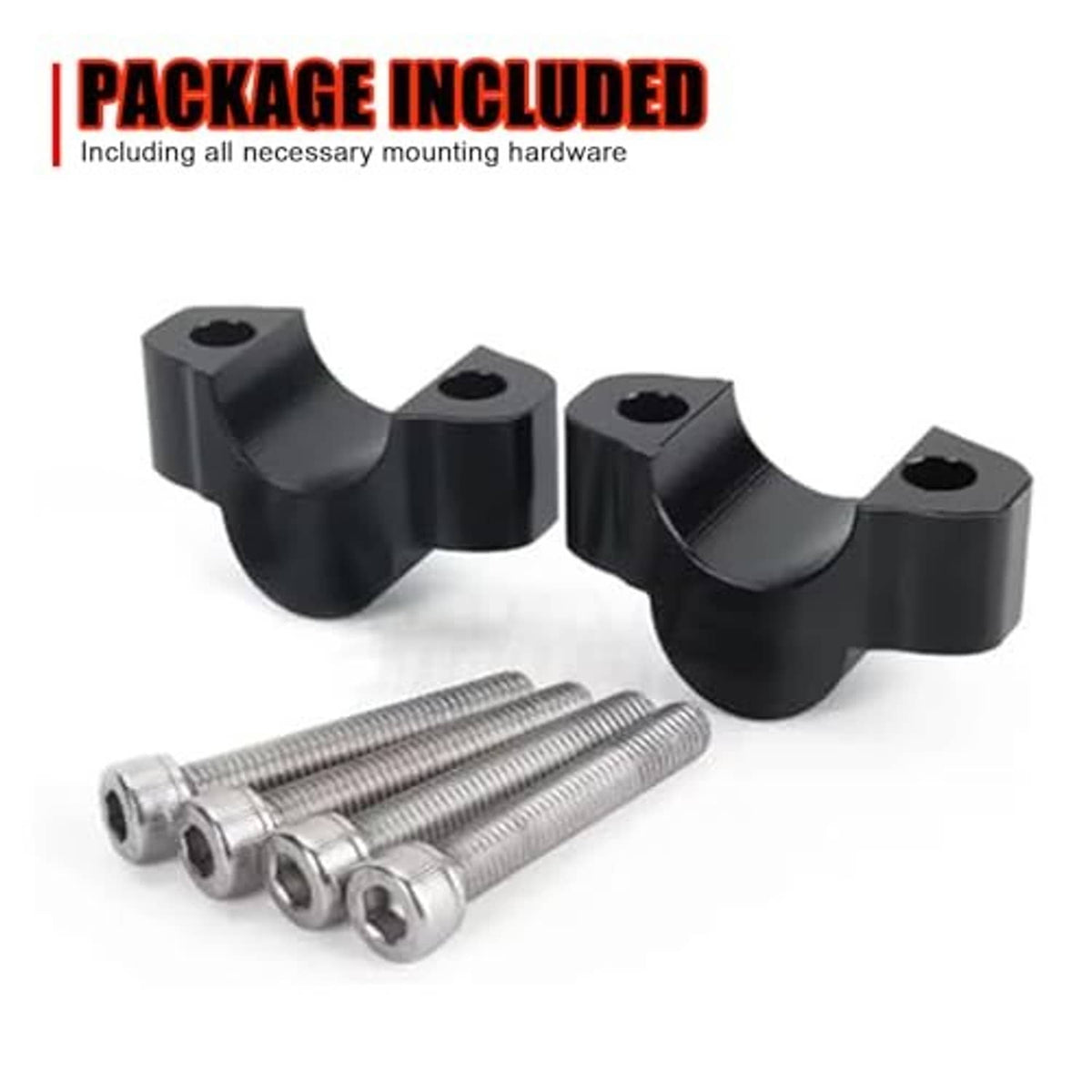 Package of black riser brackets and stainless mounting bolts for handlebar