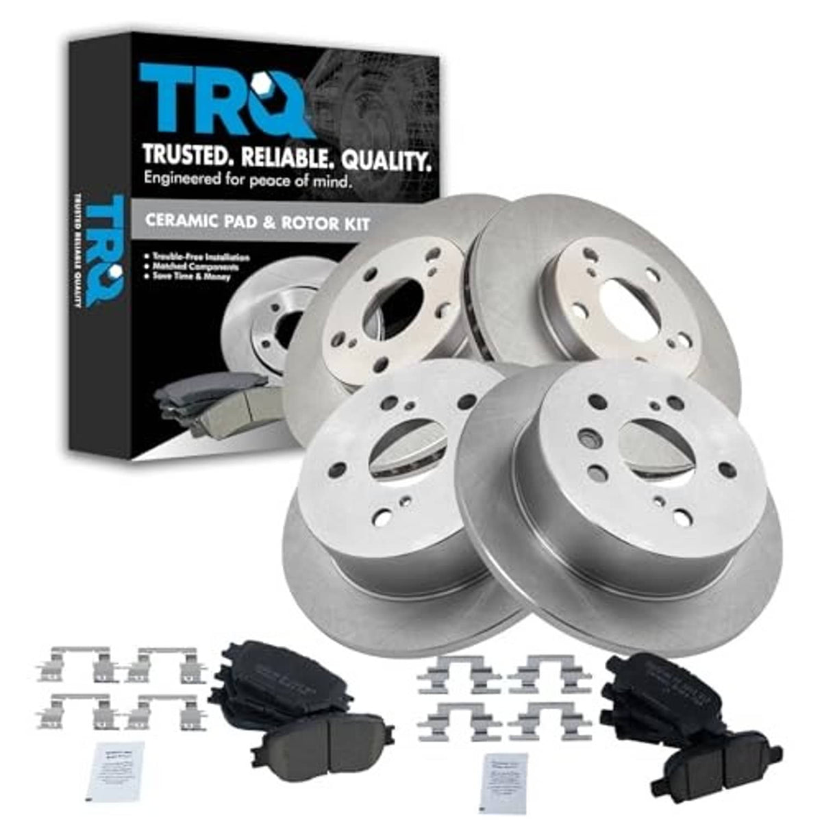 TRQ ceramic pad and vented rotor kit with box, rotors, pads, and hardware
