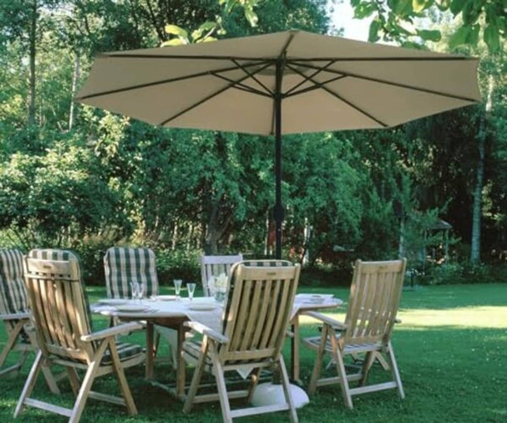 Beige patio umbrella replacement canopy on a standing umbrella for outdoor seating
