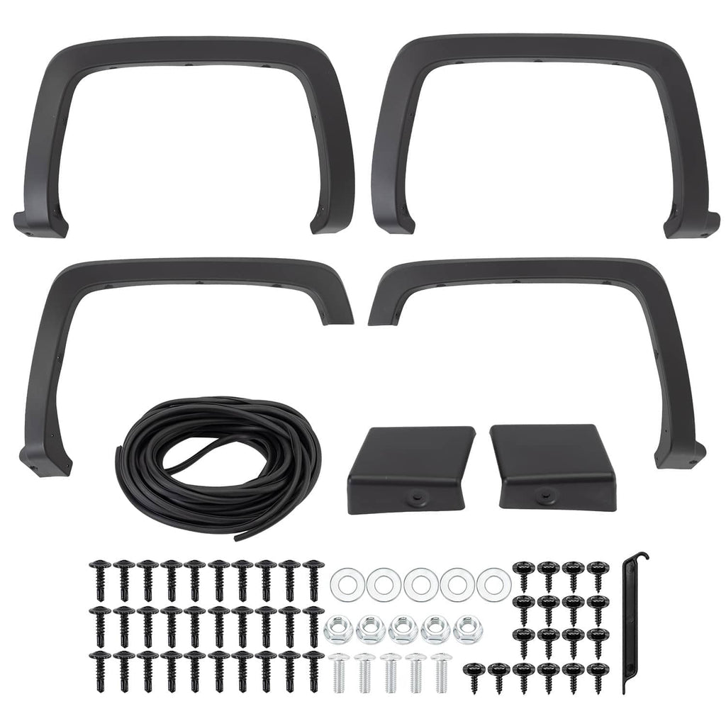 Black fender flare set with fasteners, washers, and mounting brackets included