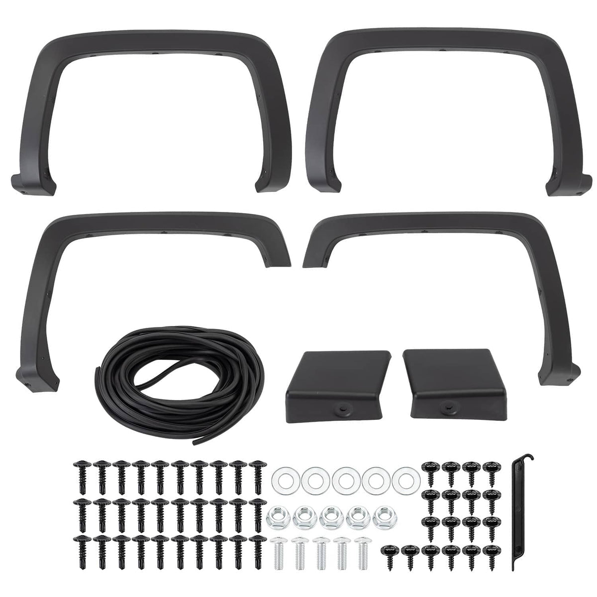 Black fender flare set with fasteners, washers, and mounting brackets included