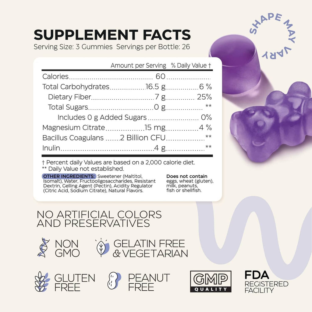 Supplement Facts panel for Wellneum prebiotic fiber gummies with purple gummy detail
