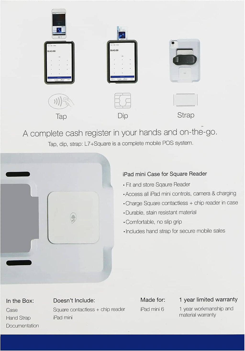 Retail box for iPad mini Square Reader case with tap, dip, and strap icons