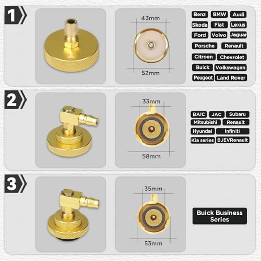 Set of numbered gold brake bleeder adapters with circular seal face and size measurements
