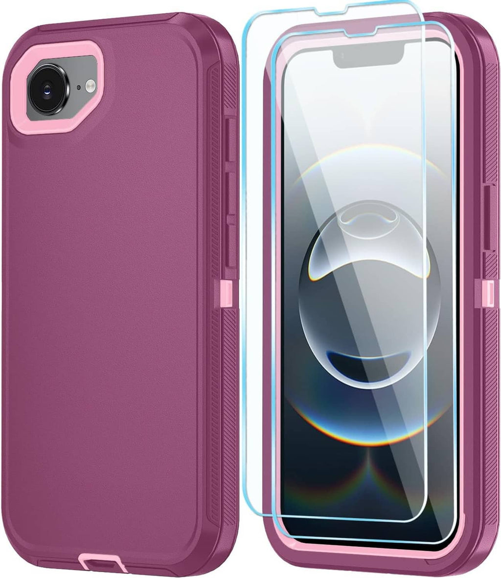 Purple phone case with raised edges and clear screen protector, back and front view.