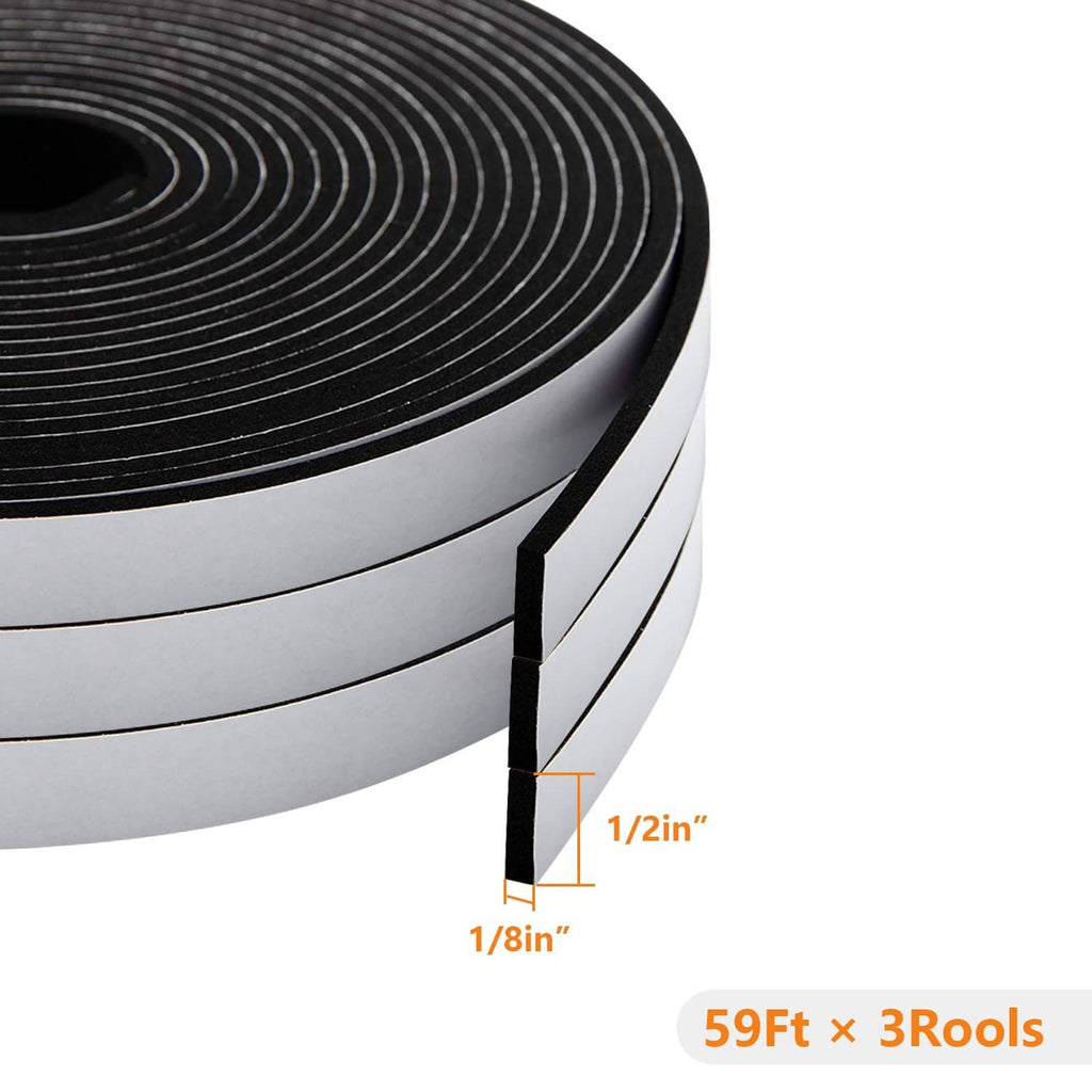 Black foam seal tape roll edge detail, thin 1/8 in strip