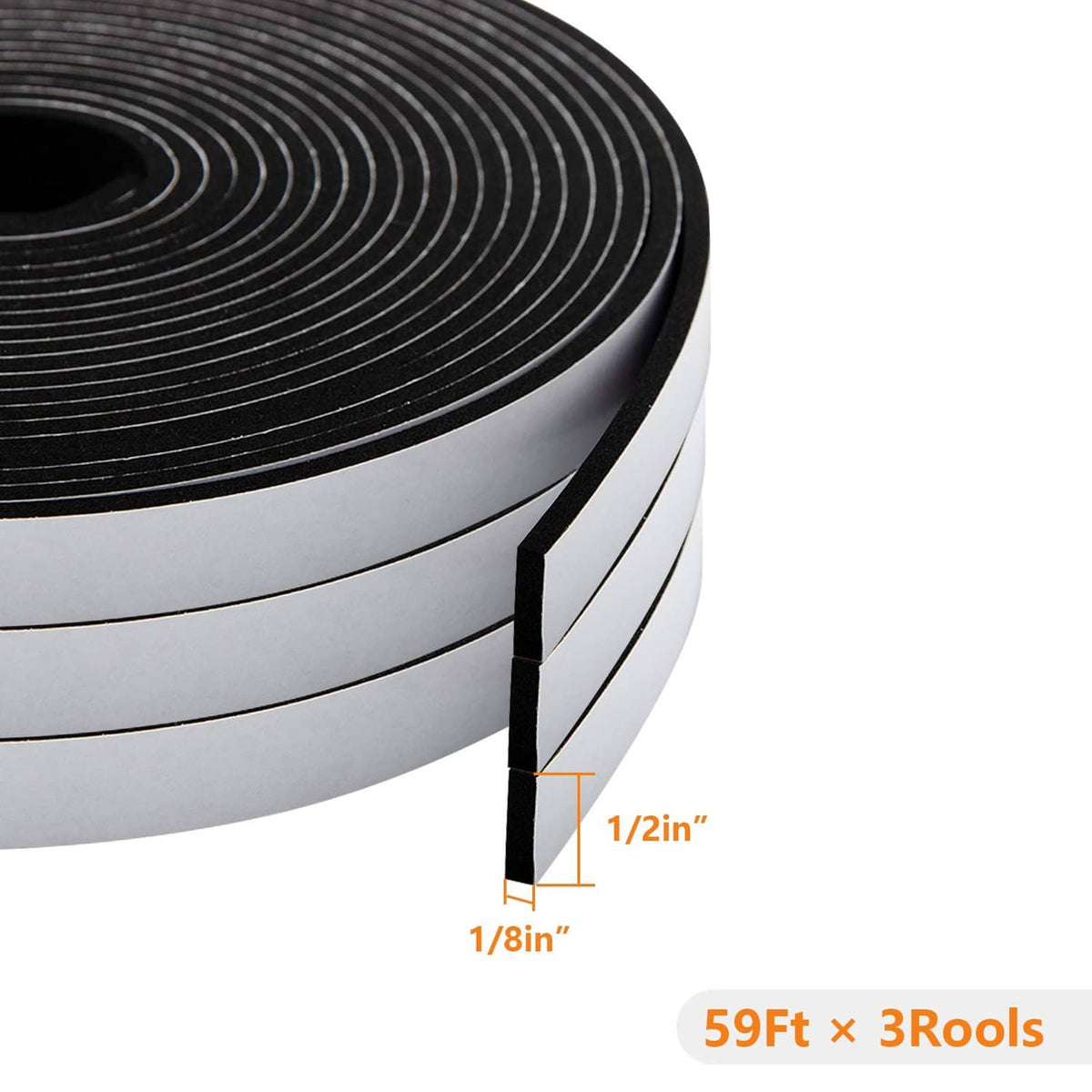 Black foam seal tape roll edge detail, thin 1/8 in strip