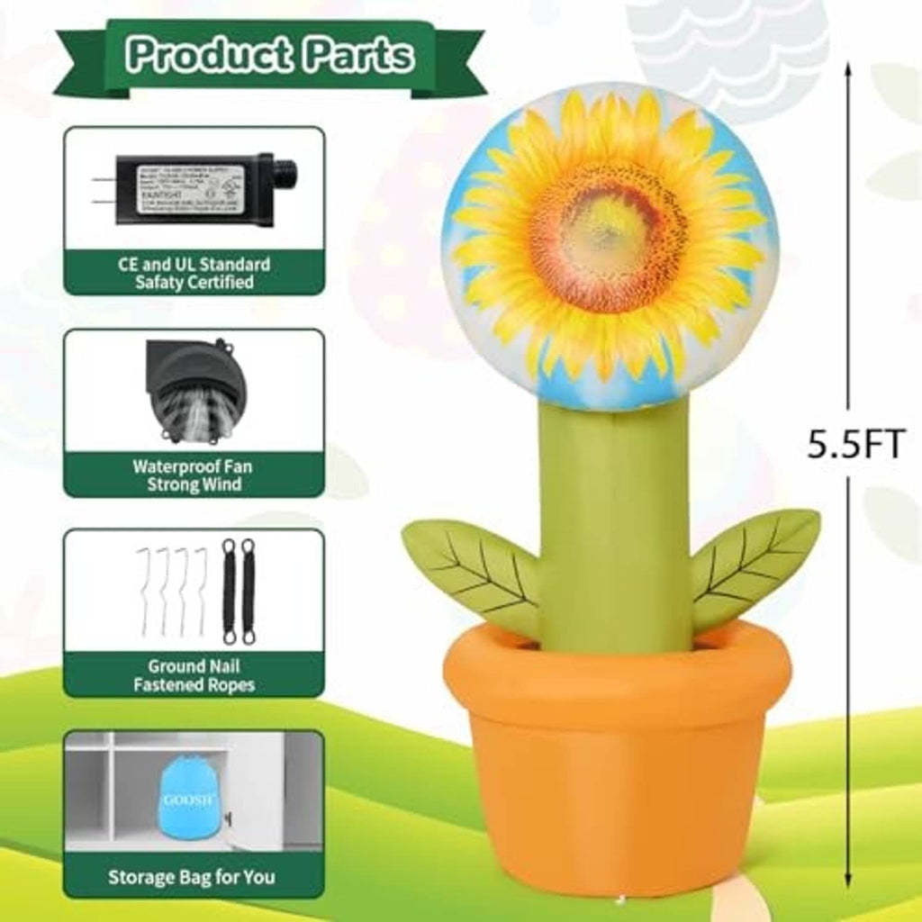 Inflatable sunflower decoration parts: yellow flower head, green stem, orange base pot, leaves