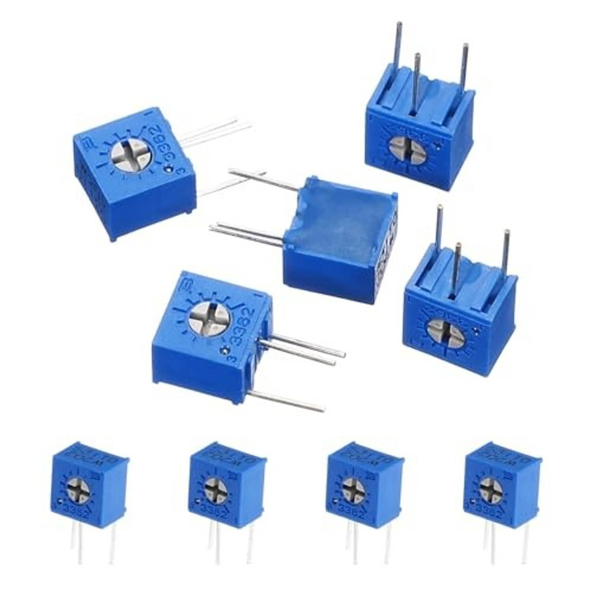 Multiple blue square trimmer potentiometers with screw side adjustment and 3 pins