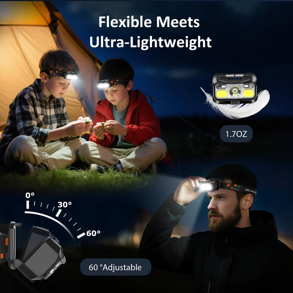 Black rechargeable headlamp worn on a head with adjustable band and bright front LED