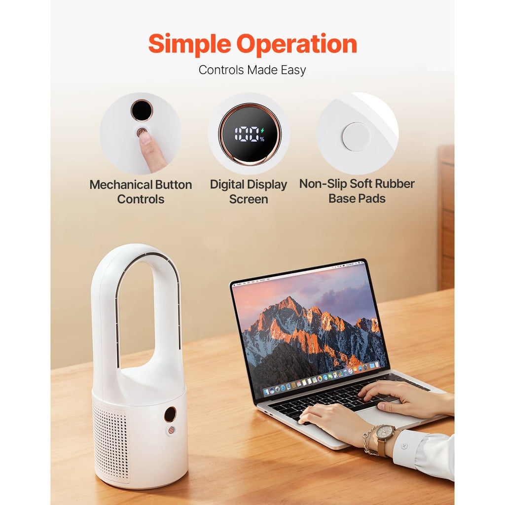 White bladeless fan showing side buttons and top digital display on the control panel.