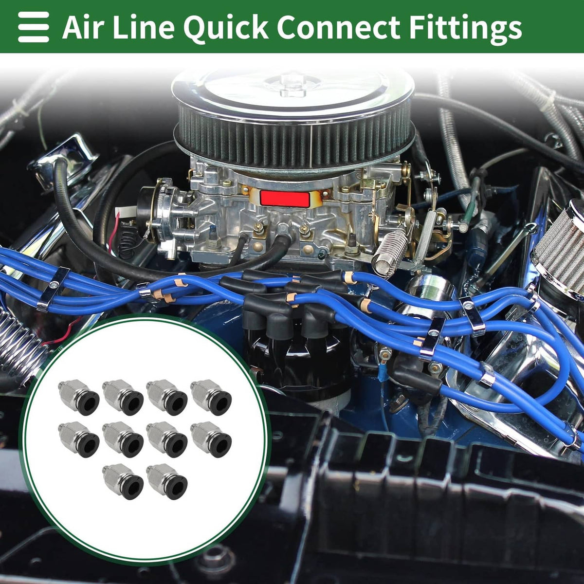 Quick-connect air fitting set shown in a circular inset