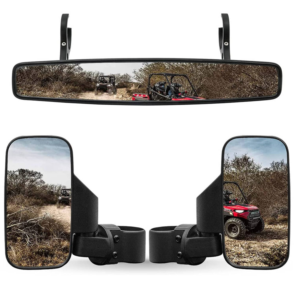 UTV mirror set with wide center rearview and two side mirrors, black clamp mounts