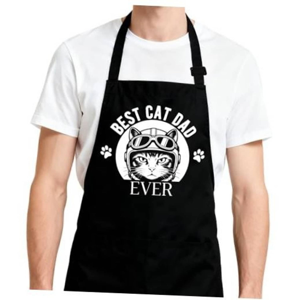 Black kitchen apron with cat graphic and adjustable neck straps, two front pockets.