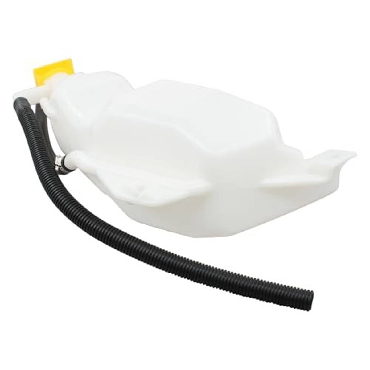 Coolant recovery tank with yellow cap, white body, and long black corrugated hose