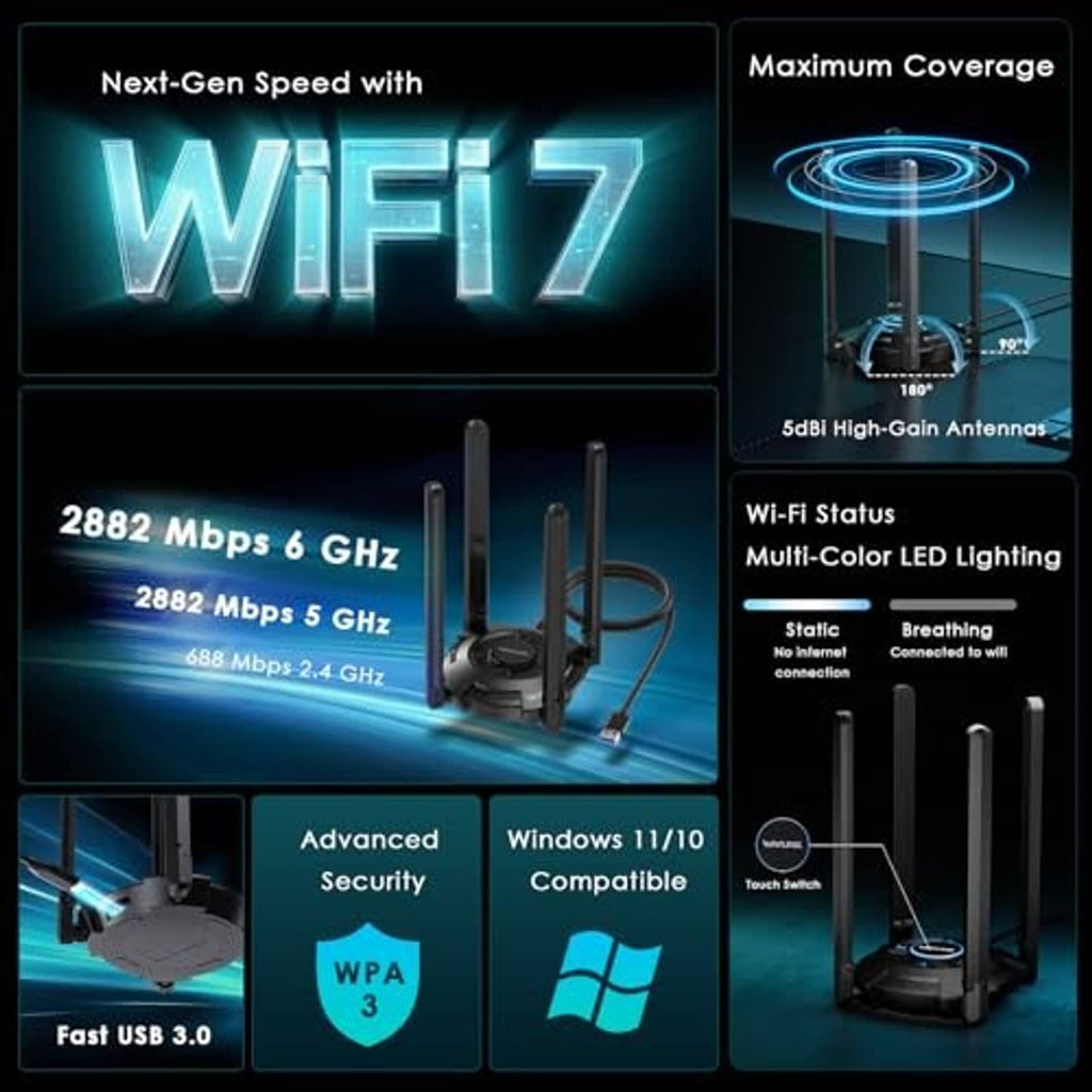 Compact USB WiFi adapter with three upright antennas and circular status panel