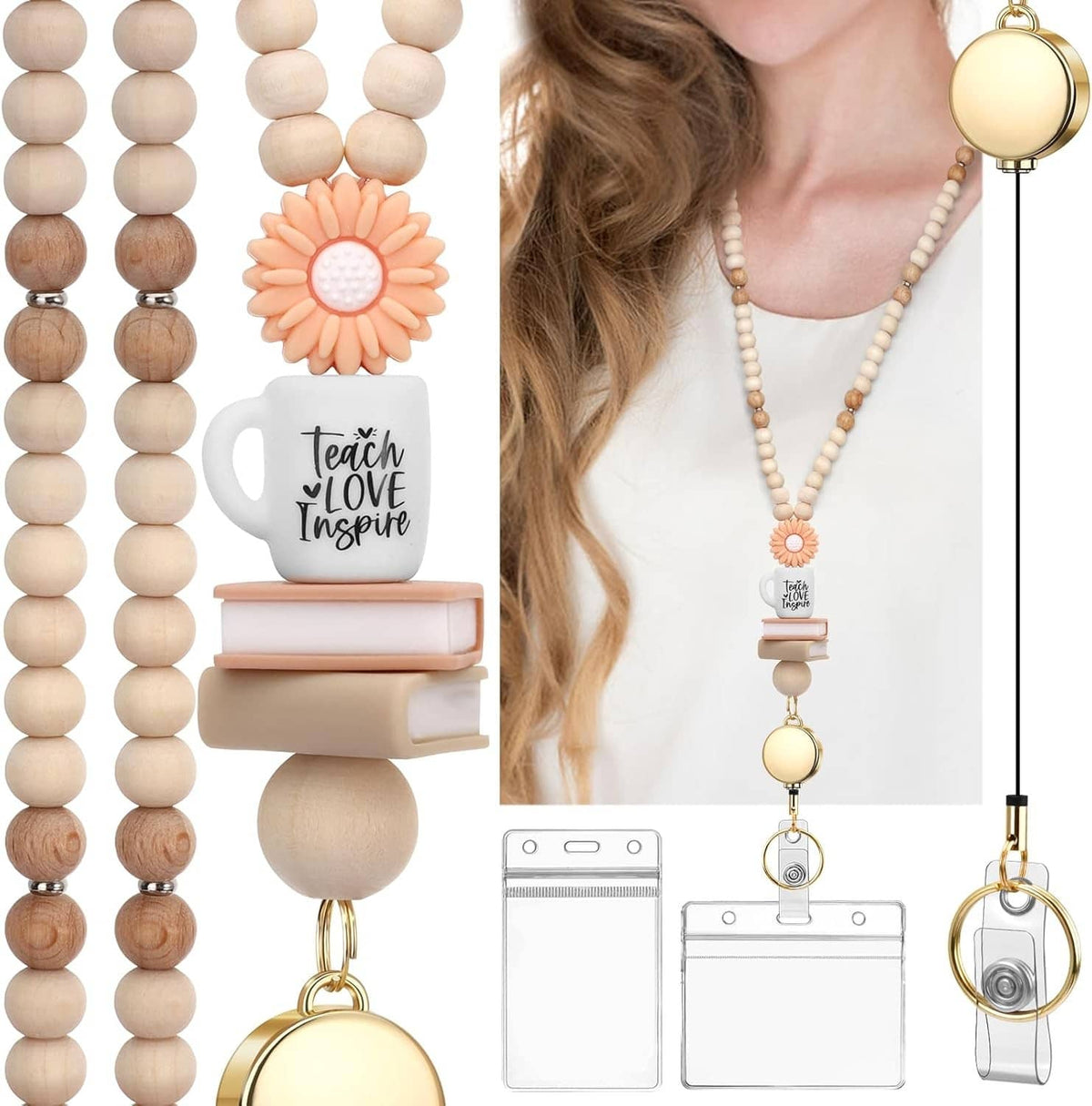 Wood bead retractable lanyard with round badge reel and card ID holder, gold tone clip