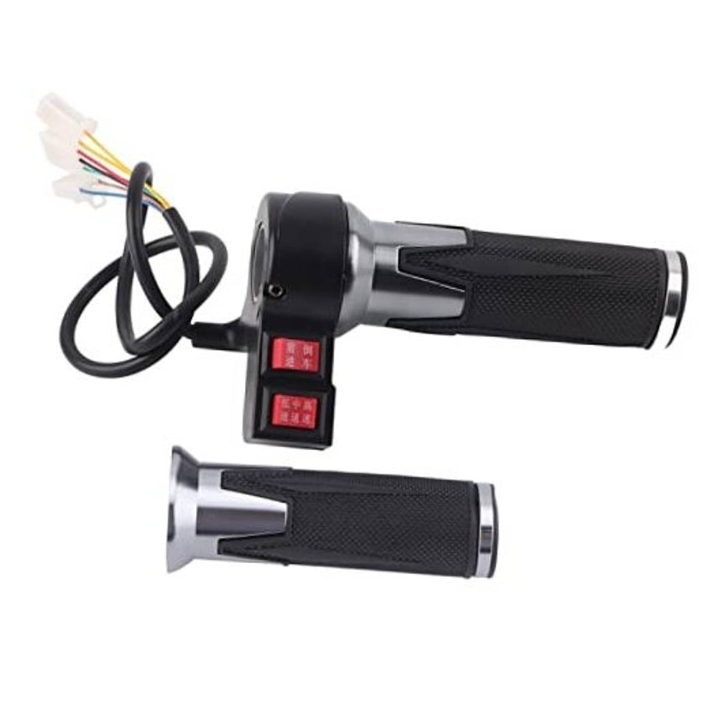 Electric throttle grip set with black textured handles and illuminated red switch panel