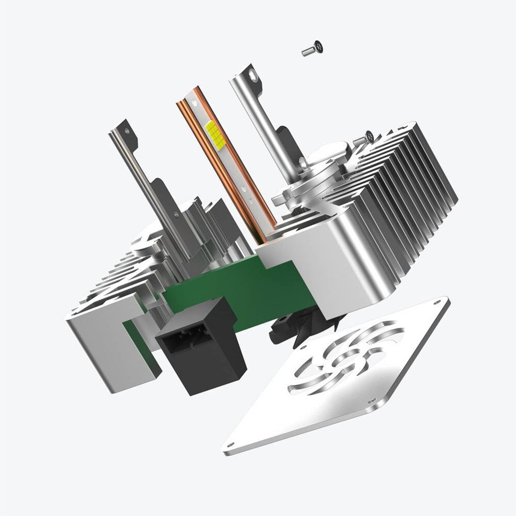LED headlight bulb assembly diagram with metal heatsinks and LED modules