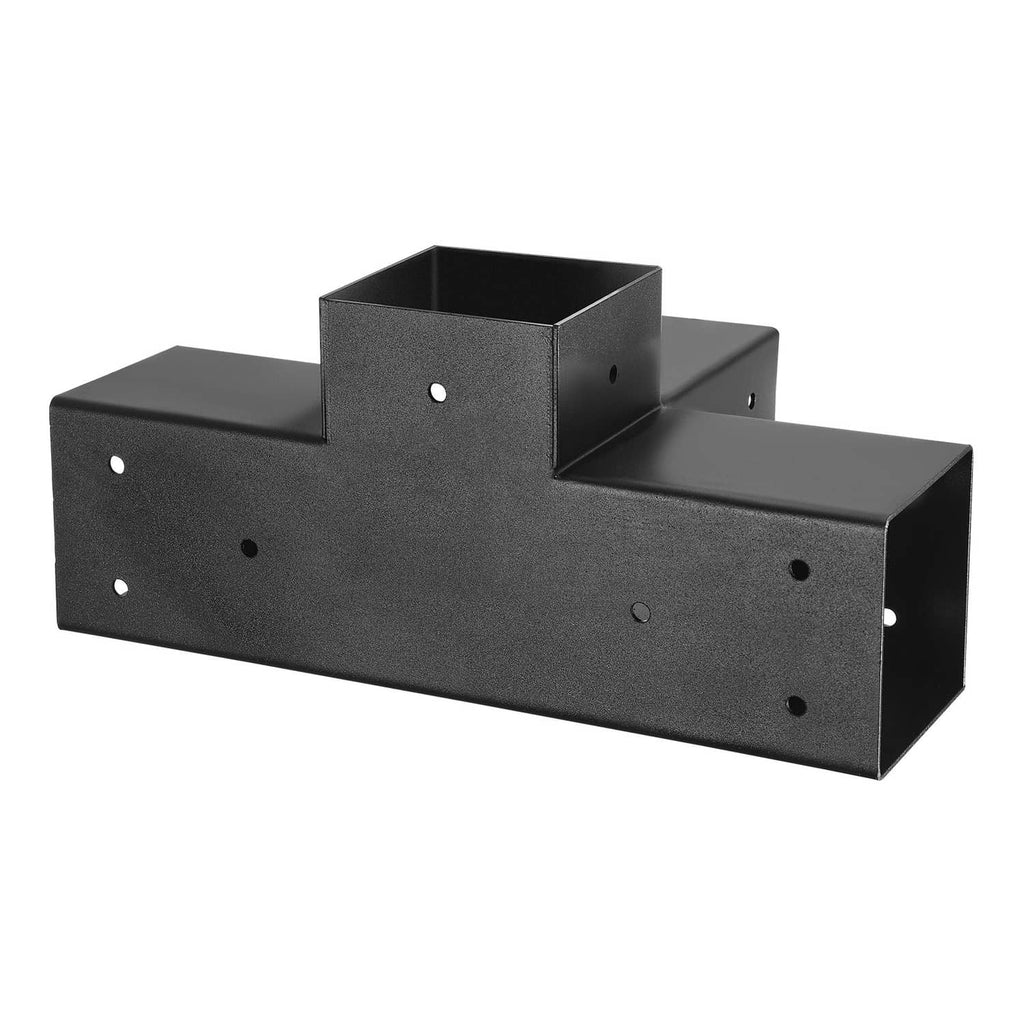 Black metal four-way corner bracket arm connector with mounting holes and inner box section