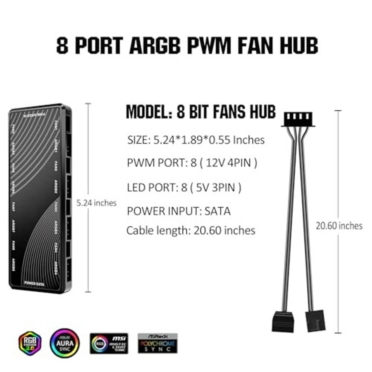 8-port ARGB PWM fan hub, black, with attached cable connectors and fan plugs