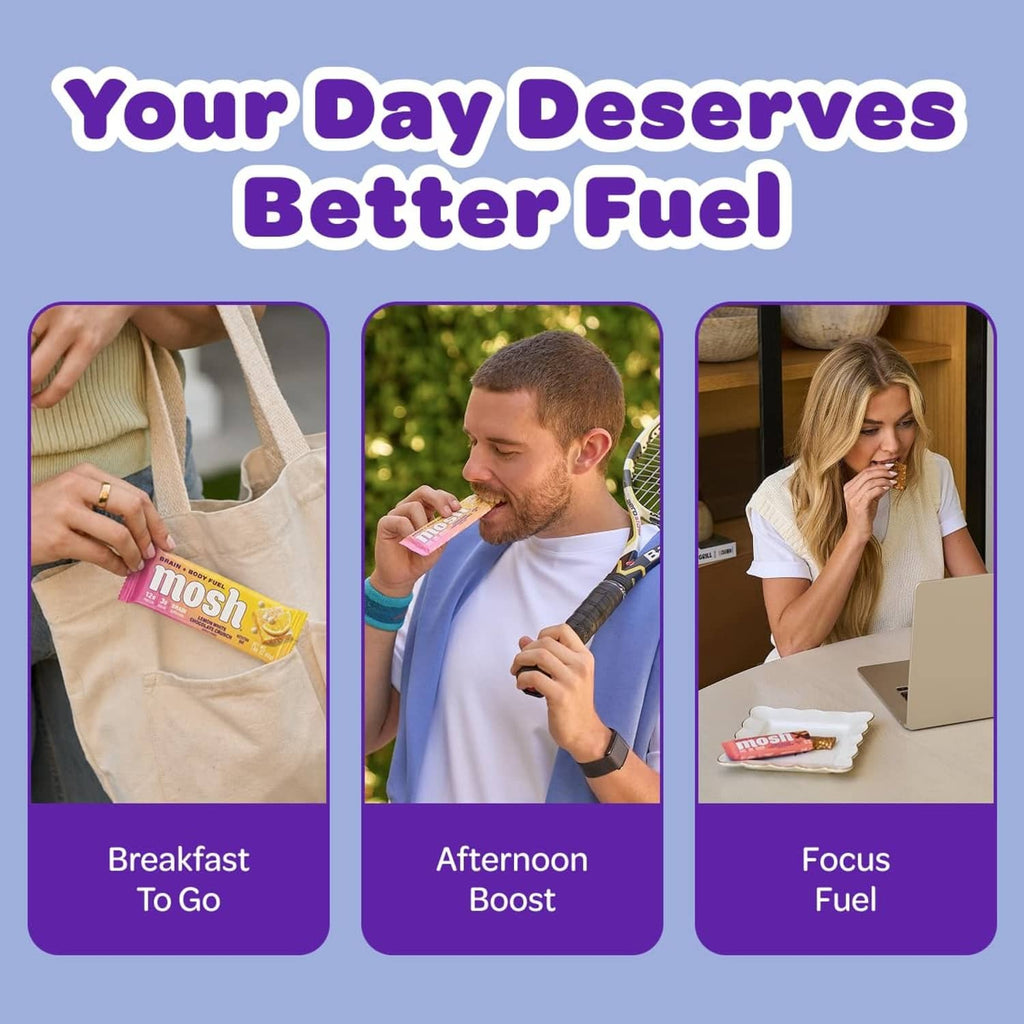 Protein bar variety display with three lifestyle scenes: on-the-go, afternoon boost, focus fuel