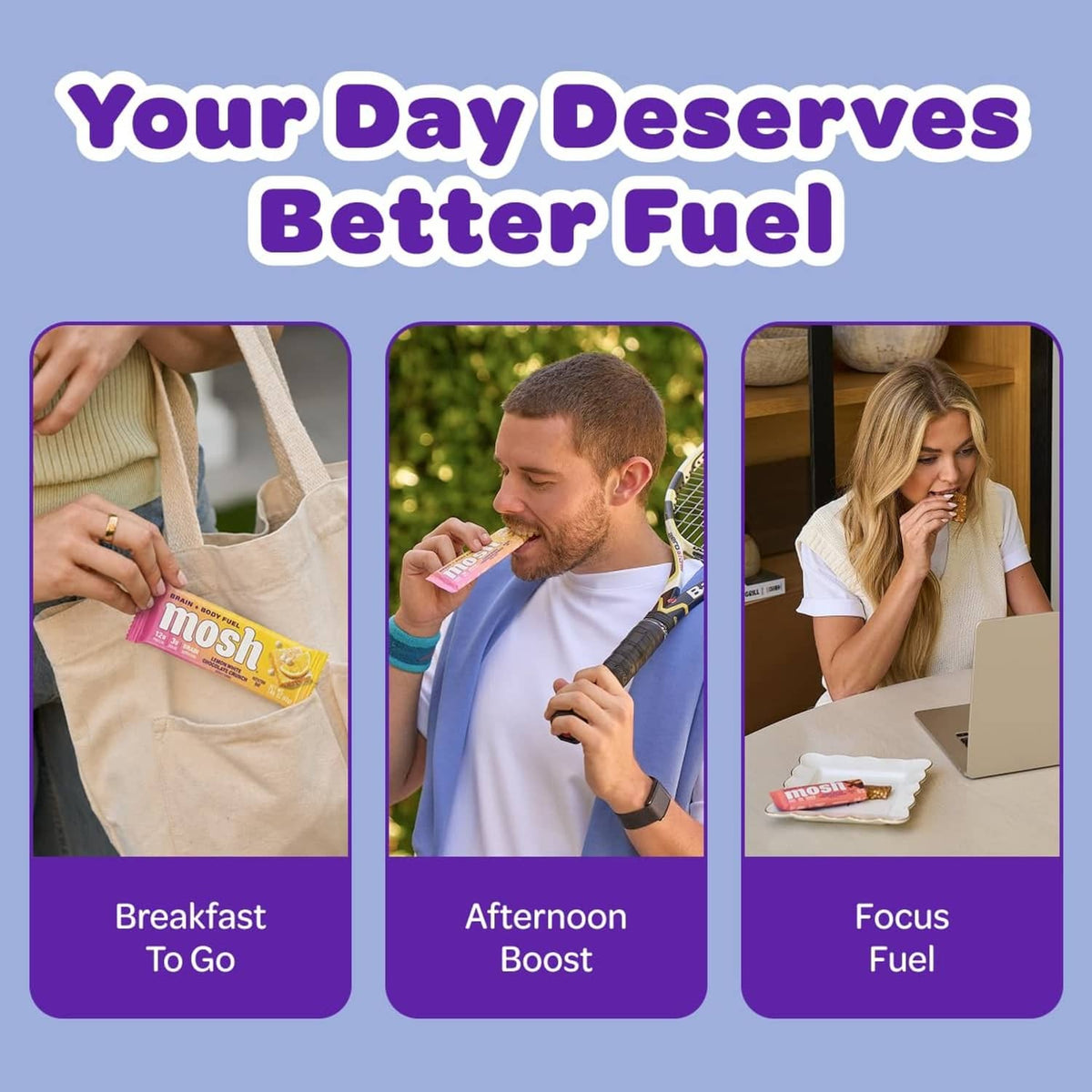 Protein bar variety display with three lifestyle scenes: on-the-go, afternoon boost, focus fuel