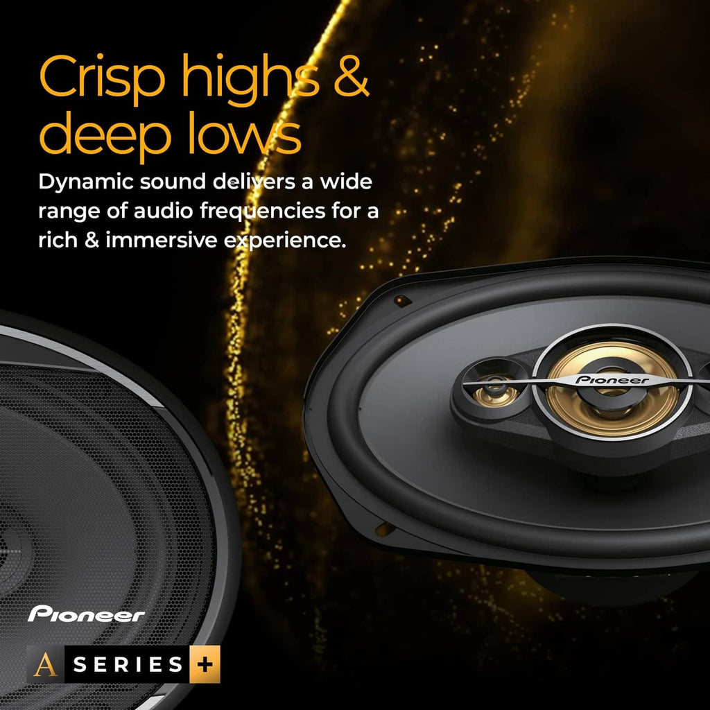 6x9 coaxial car speakers with mesh grille and visible gold-tinted tweeter
