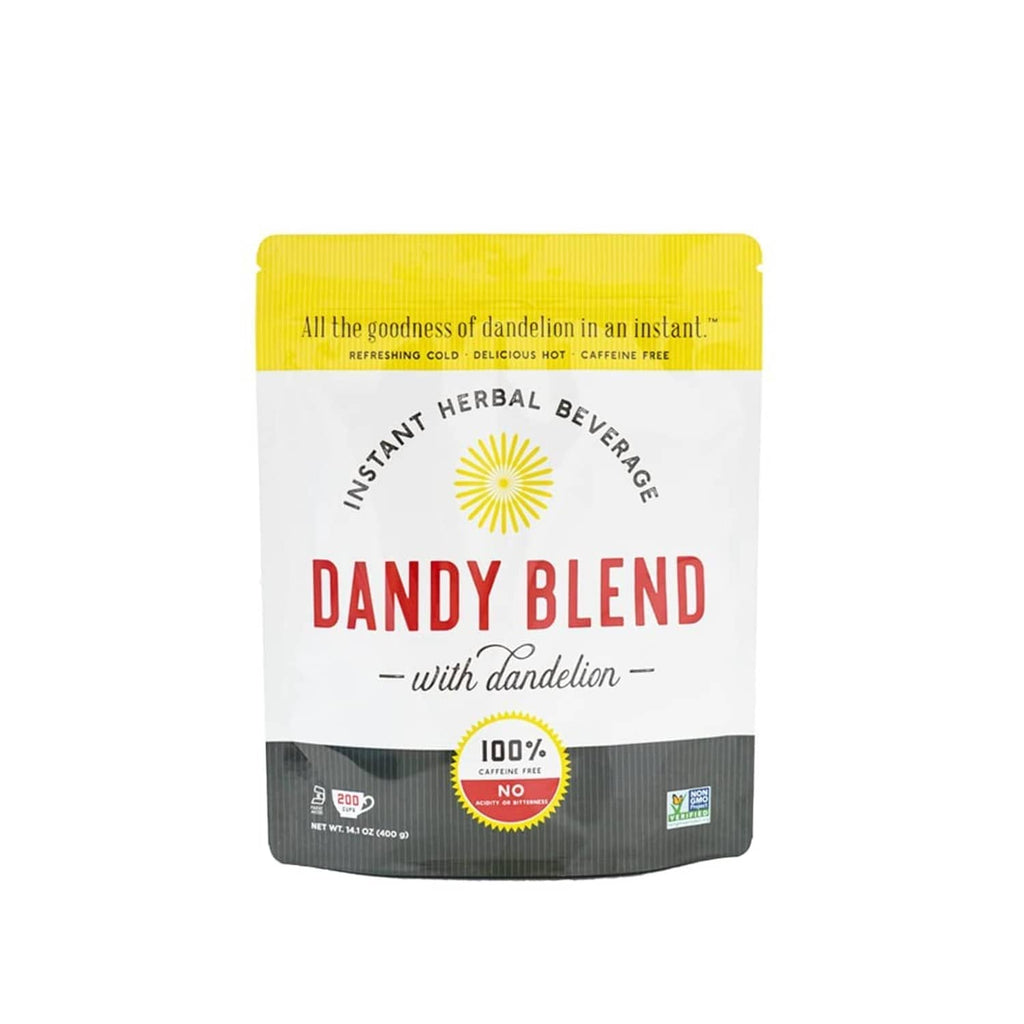 Instant herbal beverage pouch with yellow top and Dandy Blend branding