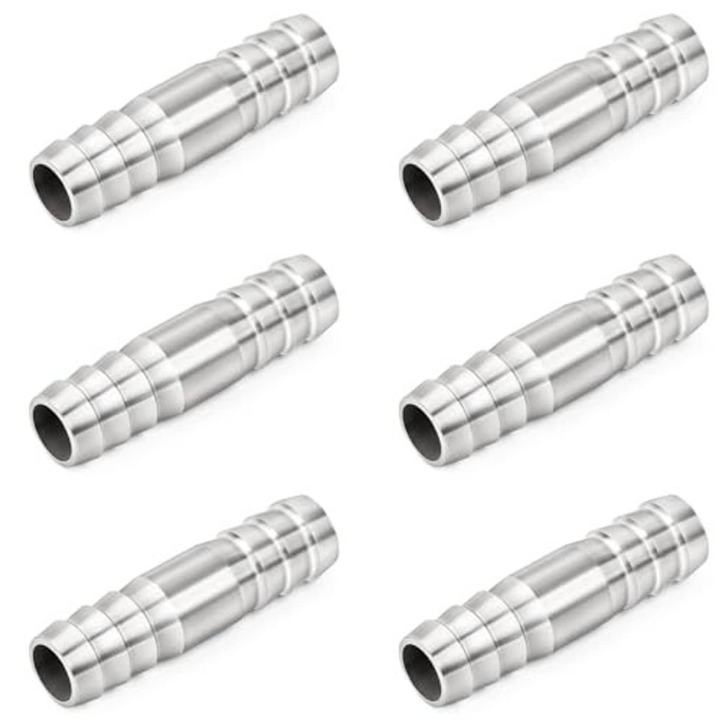 Multiple stainless steel hose barb splice fittings with ribbed barbs