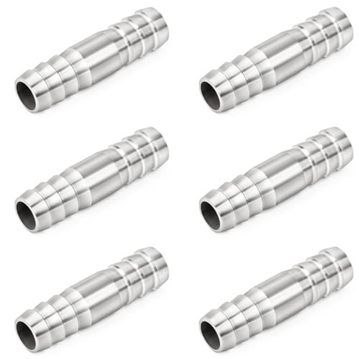 Multiple stainless steel hose barb splice fittings with ribbed barbs