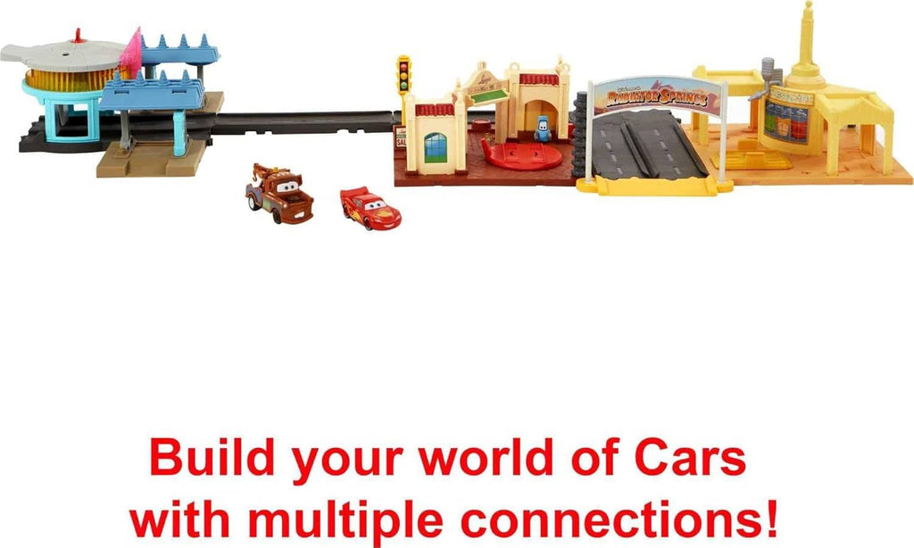 Cars playset with connected track sections, stations, and two toy cars