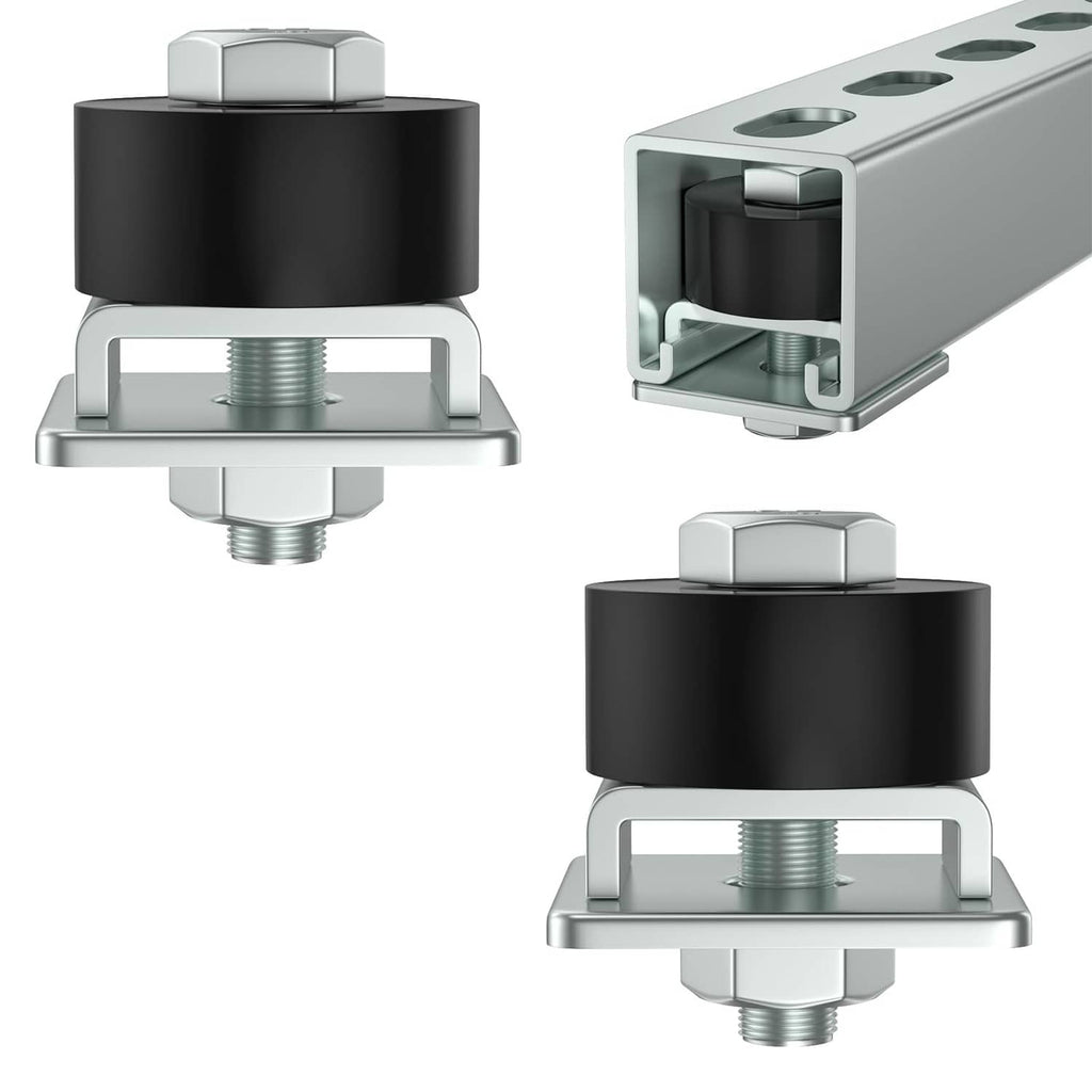 Trolley roller limit assembly with black rubber wheel, silver base plate, and threaded stud