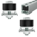 Trolley roller limit assembly with black rubber wheel, silver base plate, and threaded stud