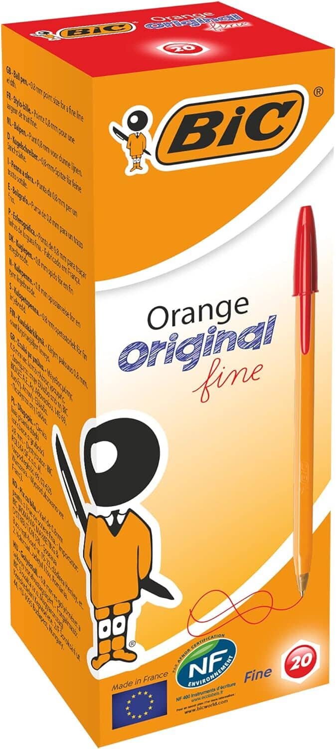 BIC fine-tip pen set box with orange pens and red tips, 20-count package