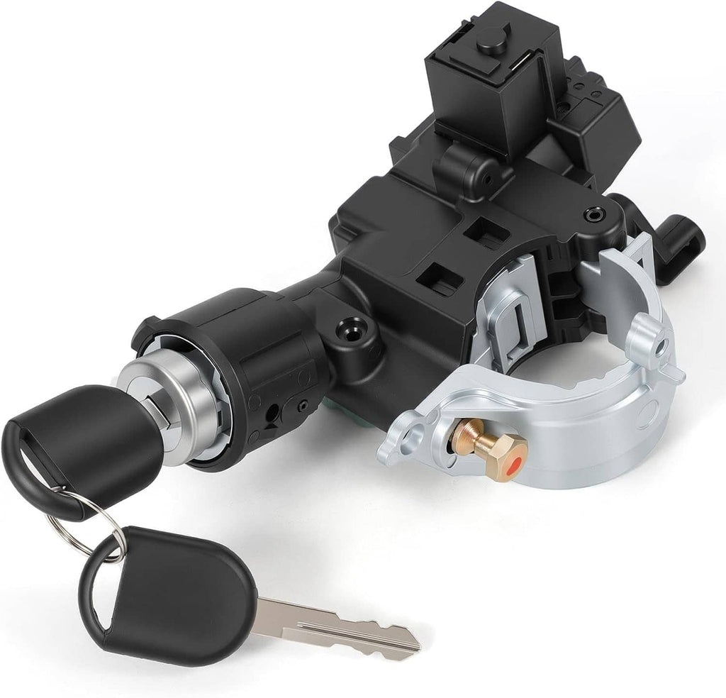 Ignition switch lock cylinder housing with two keys, black and silver metal components