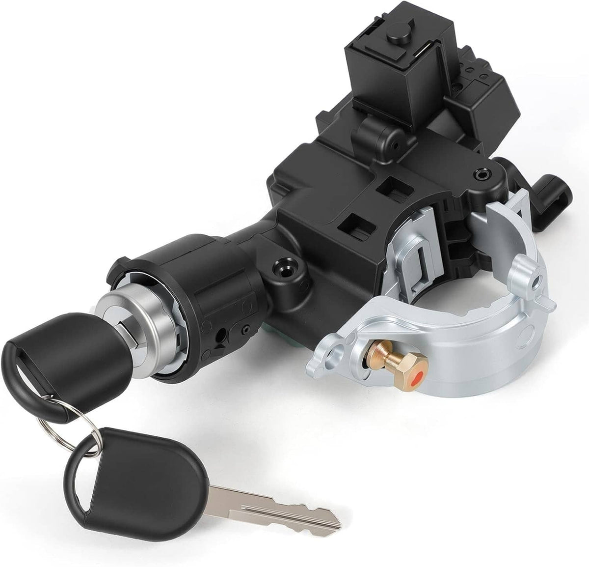 Ignition switch lock cylinder housing with two keys, black and silver metal components
