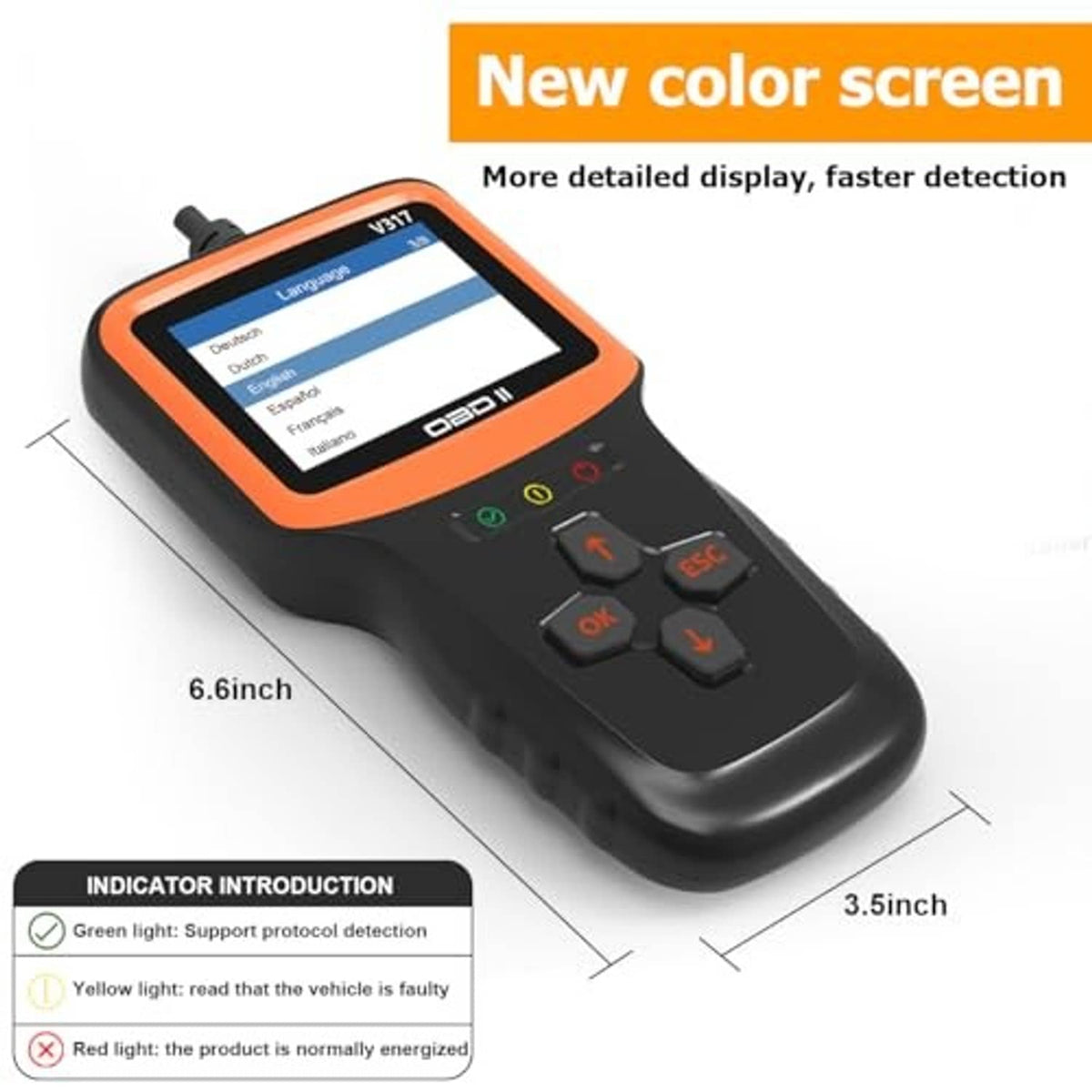 Handheld OBD2 scanner with color display, orange trim, and control buttons