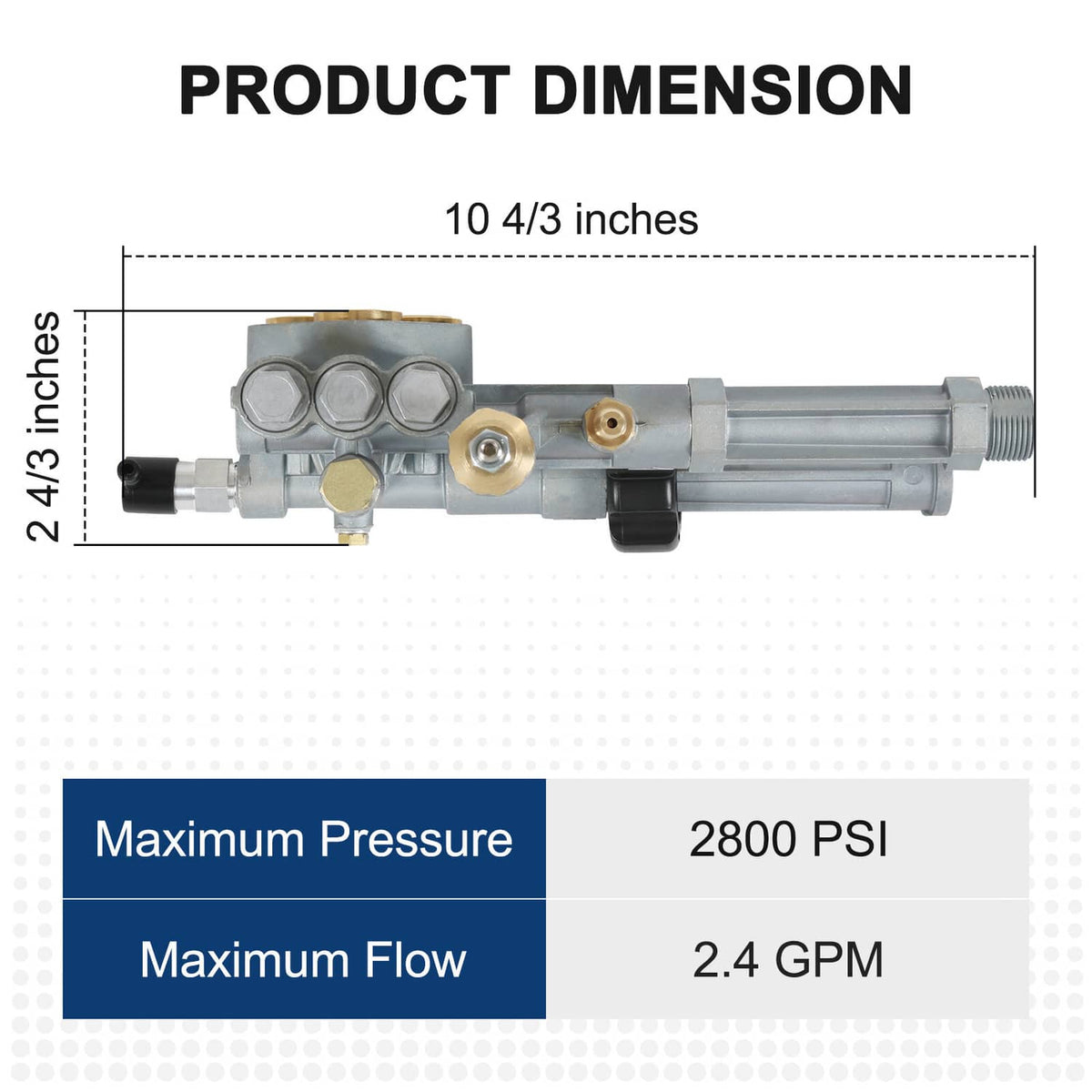 Pressure washer pump head dimensions shown: 10 4/3 in length, 2 4/3 in height
