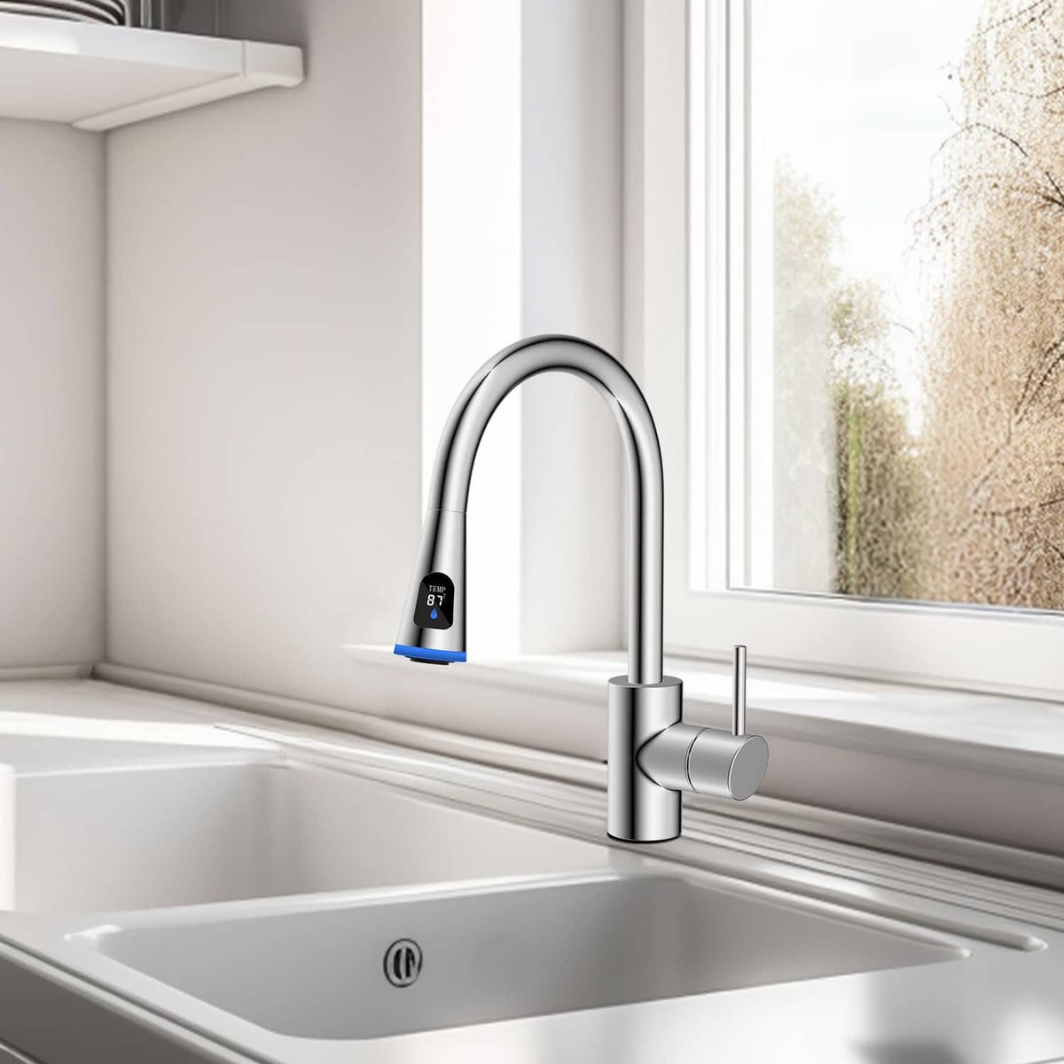 Installed kitchen faucet with chrome pull-down head over a sink