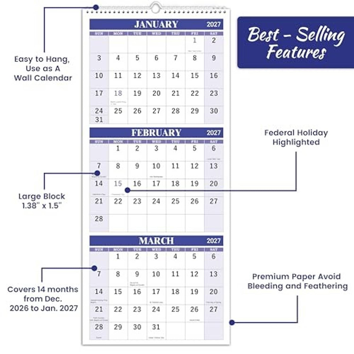 3-month wall calendar with January, February, and March 2027 grids and easy-hang design