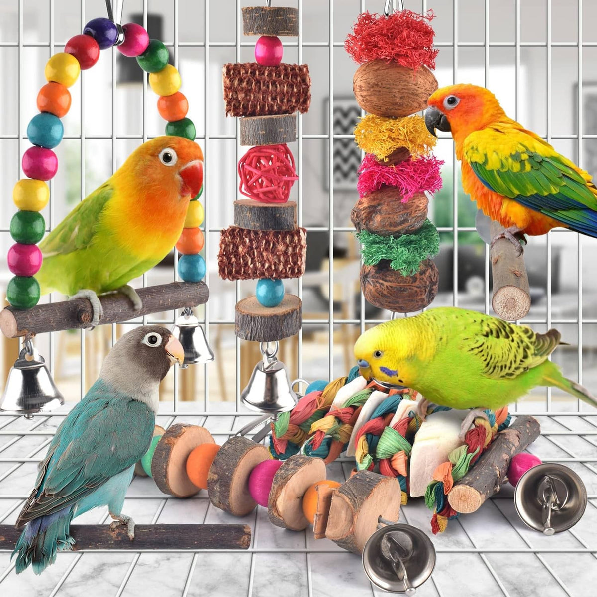 Hanging bird chew toy set on wooden perches with bells, beads, and woven blocks