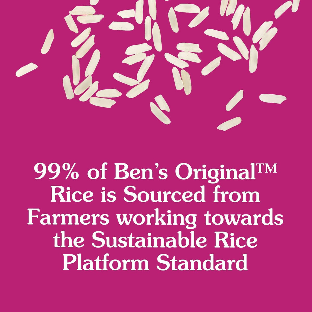 Sustainability graphic featuring scattered rice grains and sourced-from-farmers message