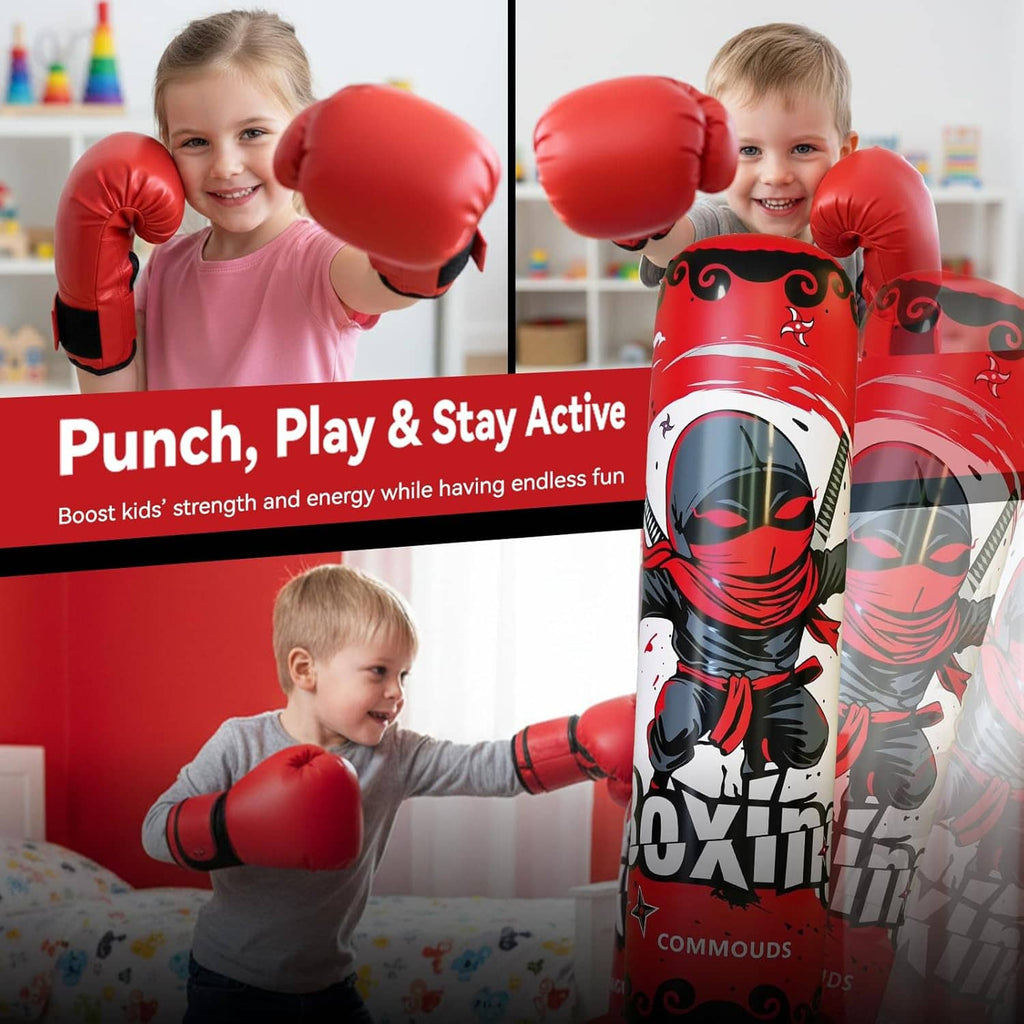 Children playing boxing with a red inflatable punching bag and red padded gloves