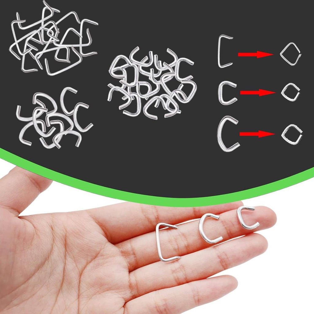 Hand holding small silver bent hog rings and curved ring pieces