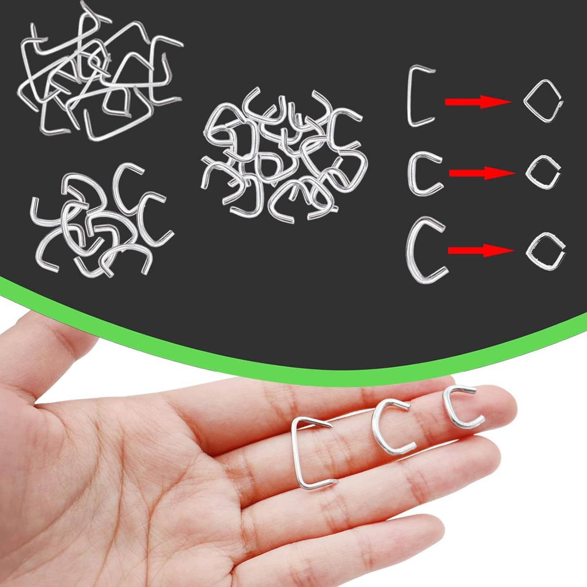 Hand holding small silver bent hog rings and curved ring pieces