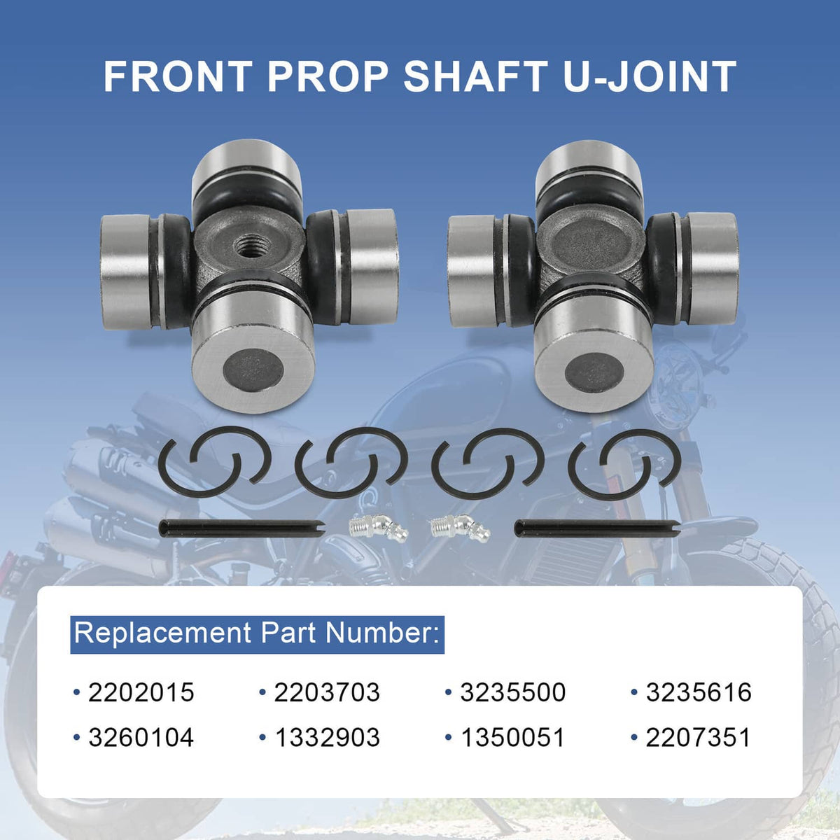 Front prop shaft U-joint set with four silver yoke ends and black rubber boots