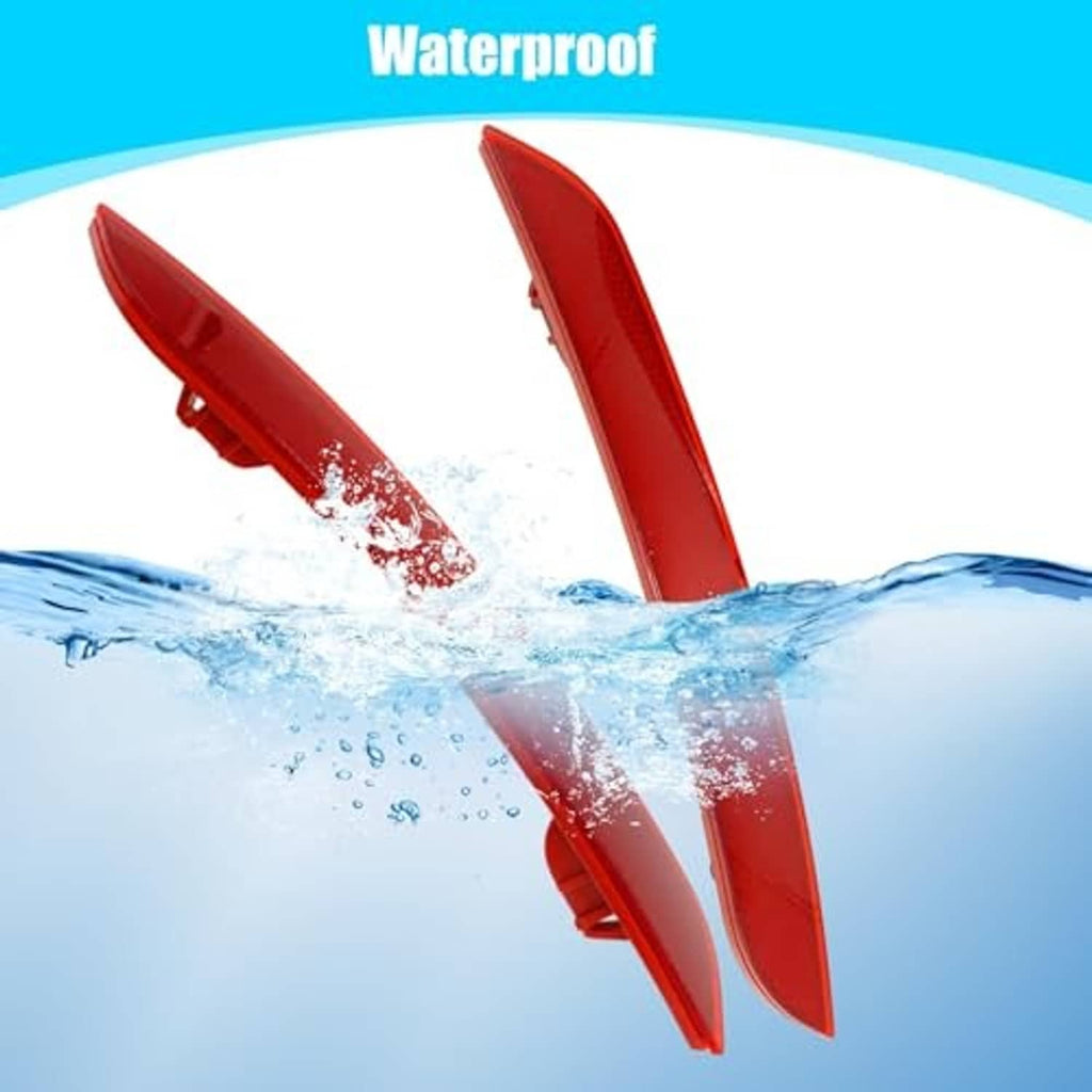 Two red rear bumper reflector lights shown with water splash for waterproofing